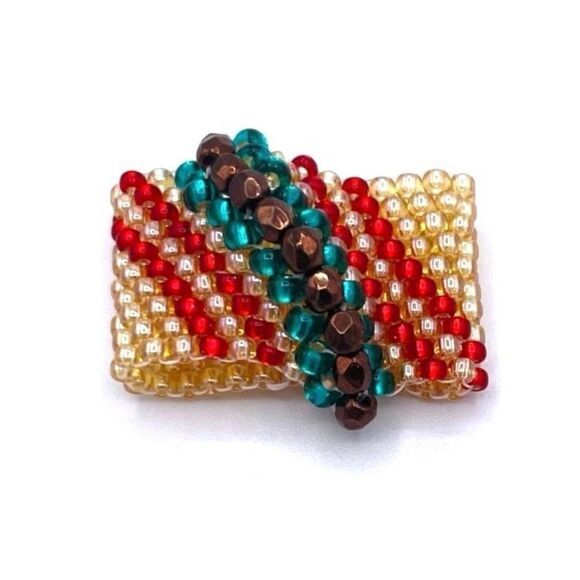 Cream with Turquoise and Bronze Crystal Cellini Spiral Statement Ring Size 7 - Picture 2 of 6